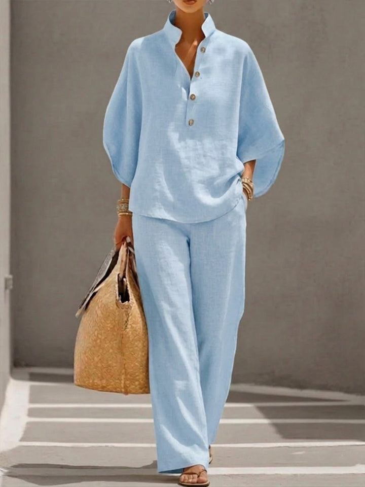 Two Piece Set Batwing Top Wide Leg Trousers Casual - Light Blue