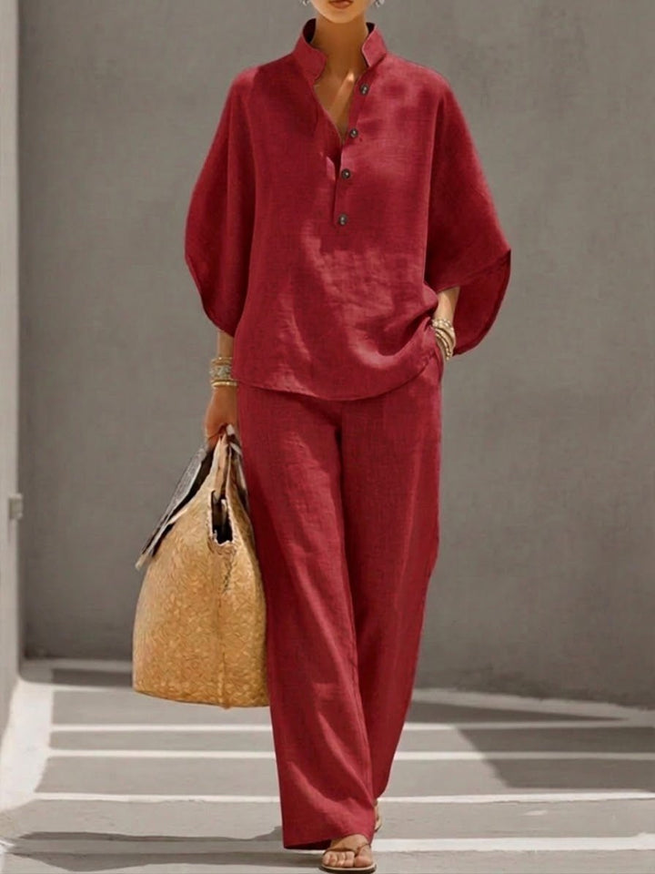 Two Piece Set Batwing Top Wide Leg Trousers Casual - Red