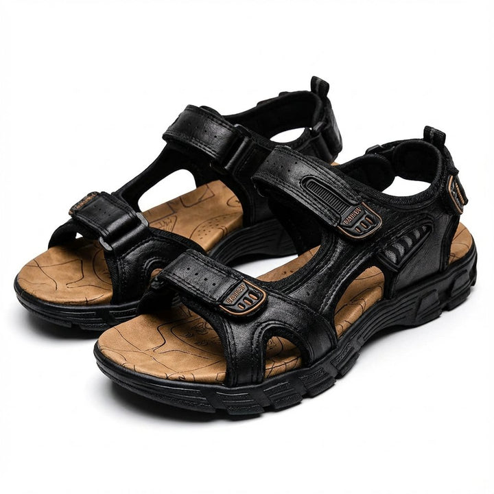 Unisex Leather-Look Velcro Trek Sandals Aggressive-Grip Sole - Negro