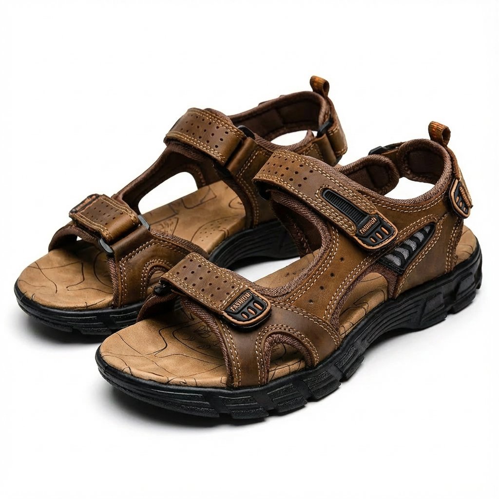 Unisex Leather-Look Velcro Trek Sandals Aggressive-Grip Sole - Marrón