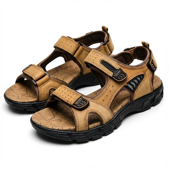 Unisex Leather-Look Velcro Trek Sandals Aggressive-Grip Sole - Marrón claro