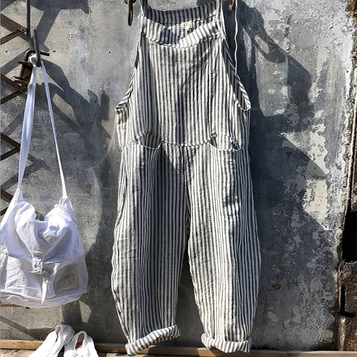 Unisex Vintage Striped Loose-Fit Adjustable Strap Overall - Grey