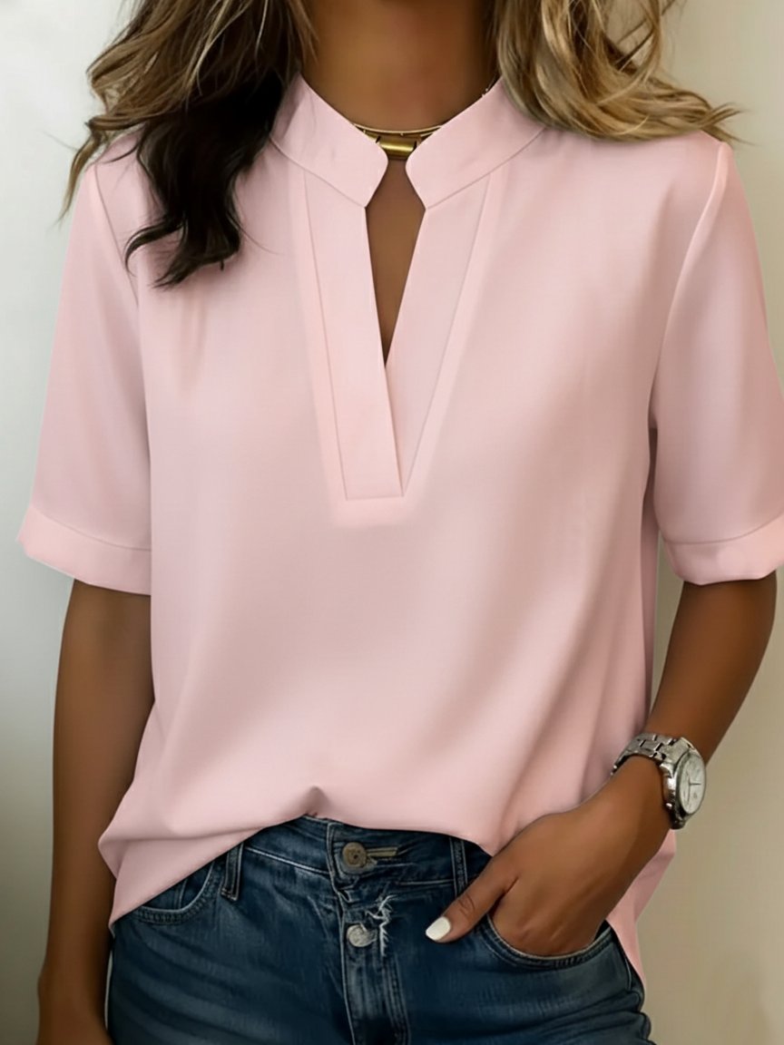 V-Neck Short Sleeve Blouse Relaxed Fit Casual Summer Top - Pink
