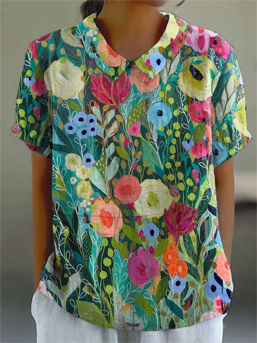 Watercolour Floral Blouse Short Sleeve V-Neck - Multicolor