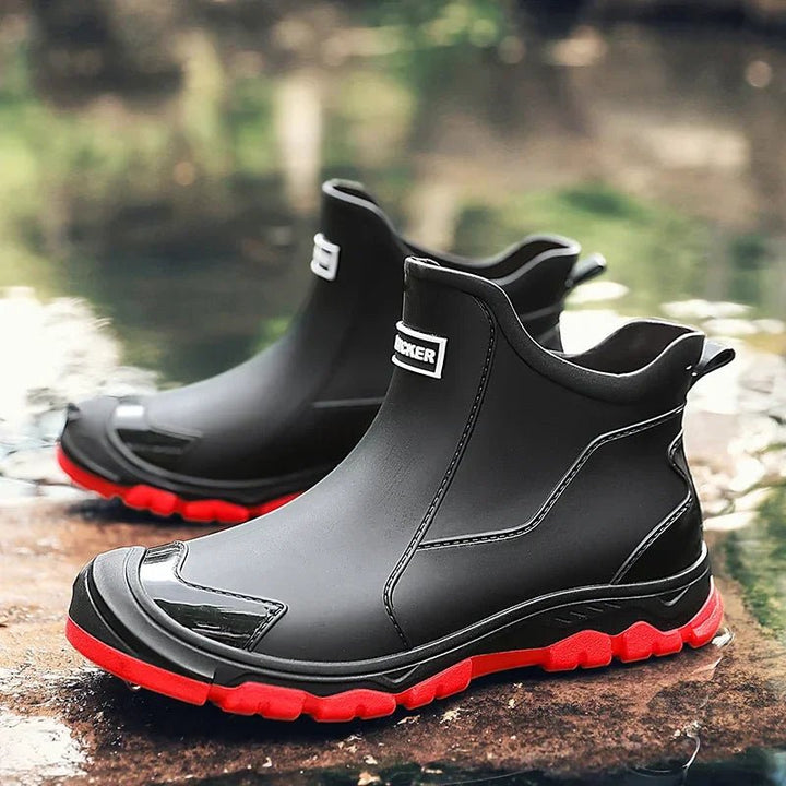Waterproof Boots Ankle Chelsea Rain Slip-On - Black/Red