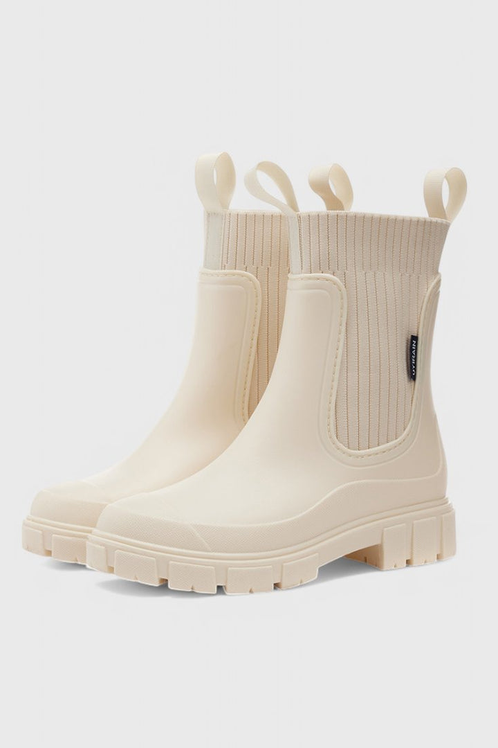 Waterproof Boots Chelsea Style Ribbed Ankle Pull-On - Beige