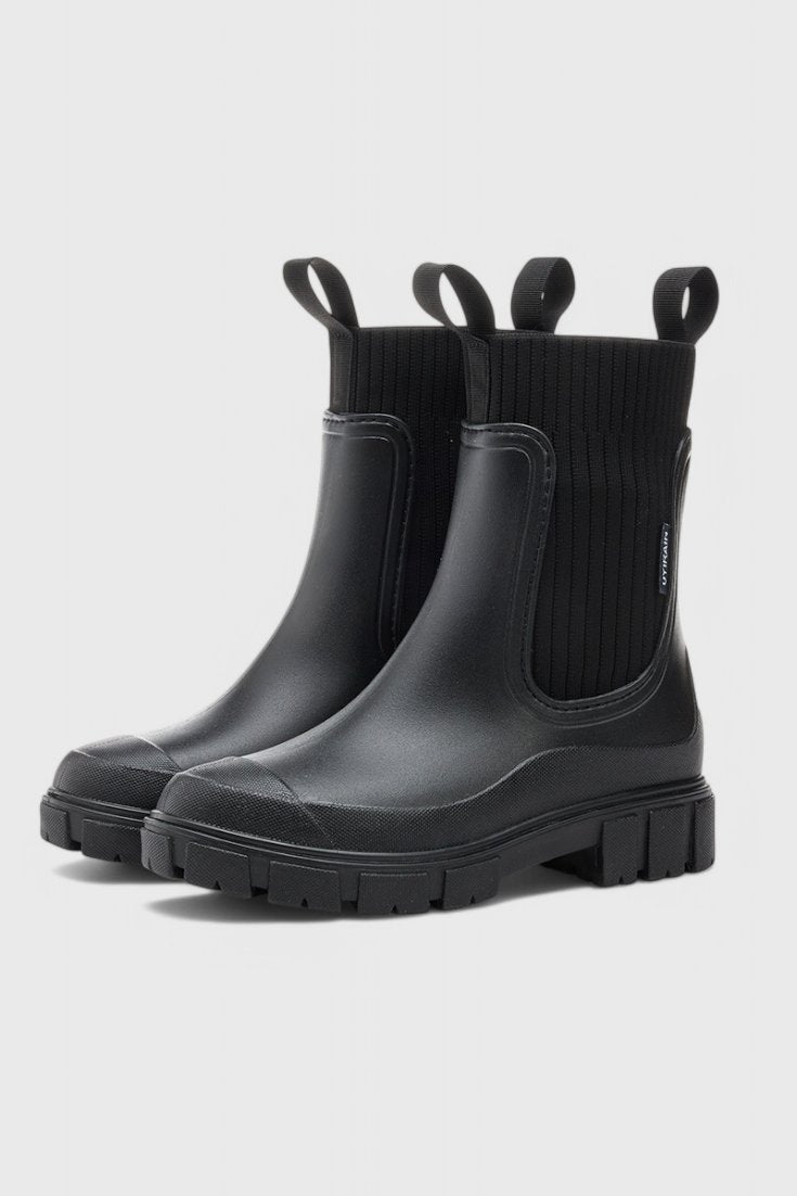 Waterproof Boots Chelsea Style Ribbed Ankle Pull-On - Black