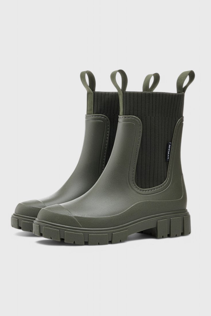 Waterproof Boots Chelsea Style Ribbed Ankle Pull-On - Green