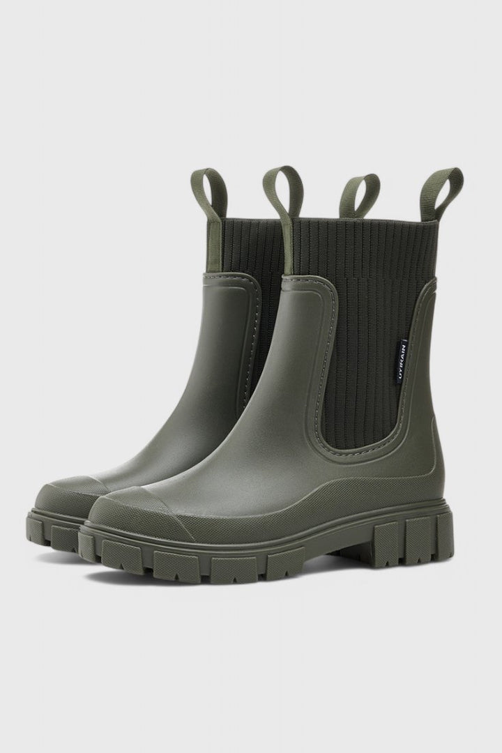 Waterproof Boots Chelsea Style Ribbed Ankle Pull-On - Green
