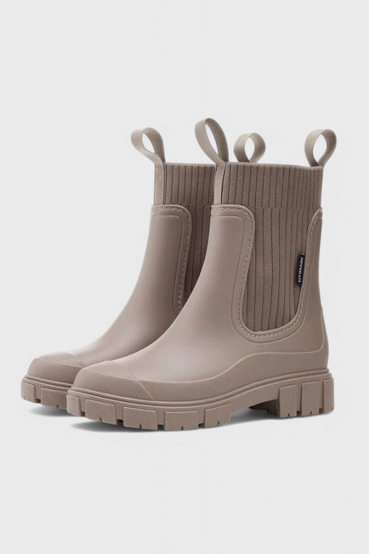 Waterproof Boots Chelsea Style Ribbed Ankle Pull-On - Taupe