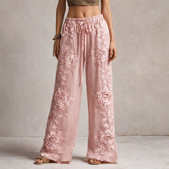 Wide-Leg Trousers Floral Embroidered Elastic Waist - Pink