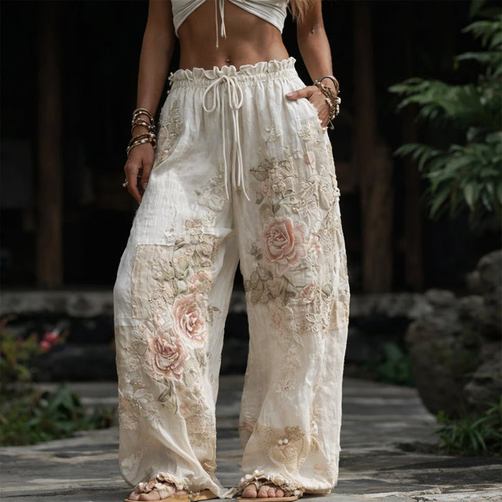 Wide-Leg Trousers Floral Embroidered Elastic Waist - Beige