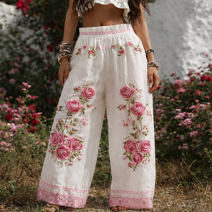 Wide-Leg Trousers Floral Embroidered Elastic Waist - White