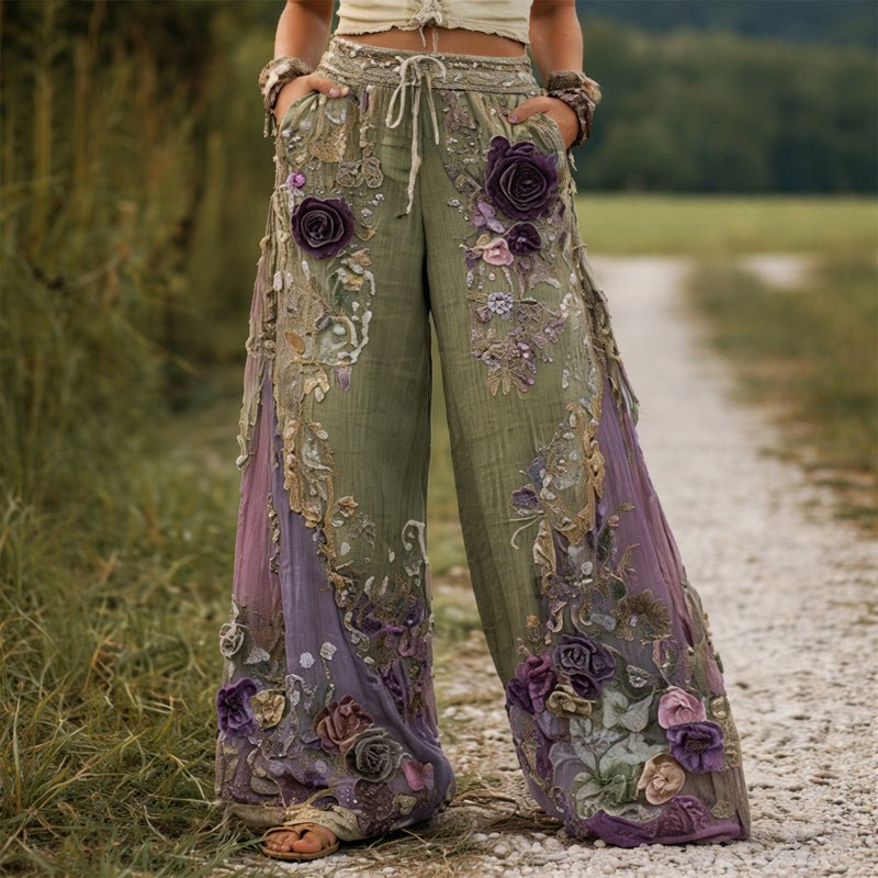 Wide-Leg Trousers Floral Embroidered Elastic Waist - Green