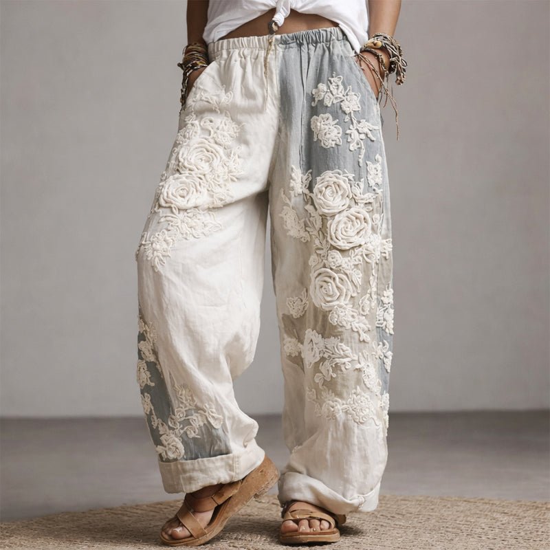 Wide-Leg Trousers Floral Embroidered Elastic Waist - Gray