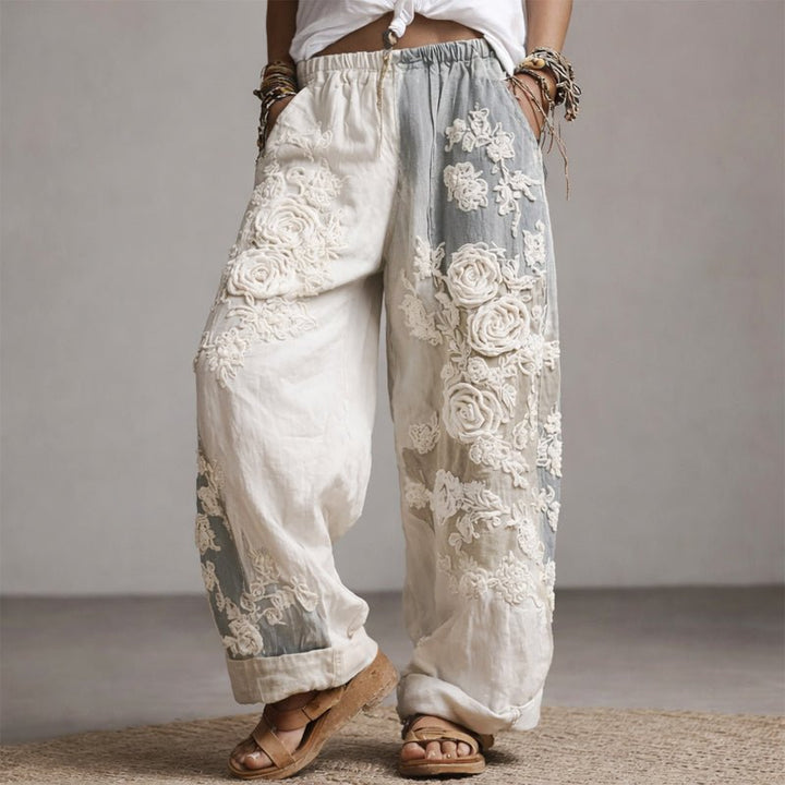 Wide-Leg Trousers Floral Embroidered Elastic Waist - Gray
