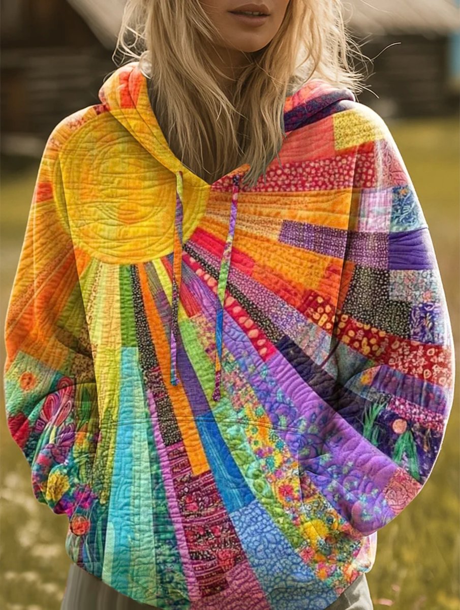 Women Bohemian Patchwork Quilted Pullover Hoodie Sweater - Multicoloured