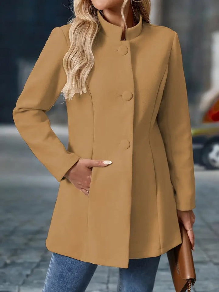 Women Coat Stand Collar Button-Front Longline Blazer Jacket