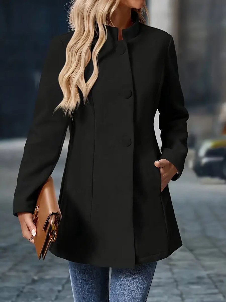 Women Coat Stand Collar Button-Front Longline Blazer Jacket