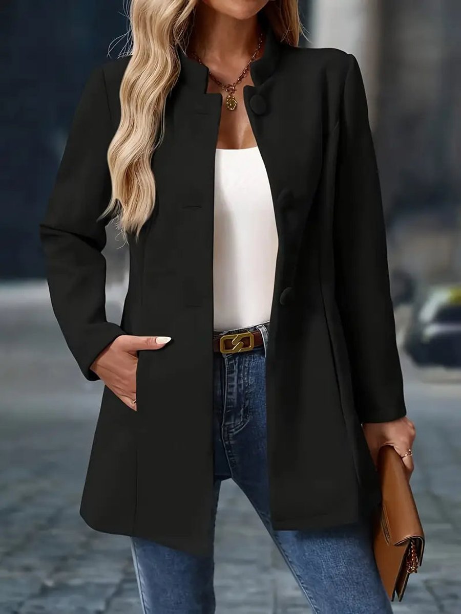 Women Coat Stand Collar Button-Front Longline Blazer Jacket - Black
