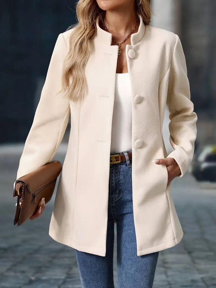 Women Coat Stand Collar Button-Front Longline Blazer Jacket