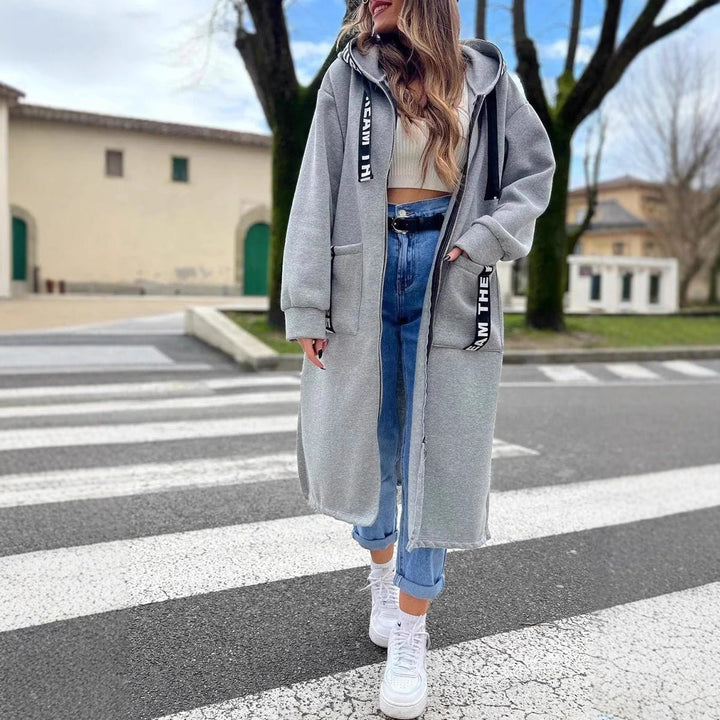 Women Oversized Hooded Long Coat Zip-Up Fleece Outerwear - Grey