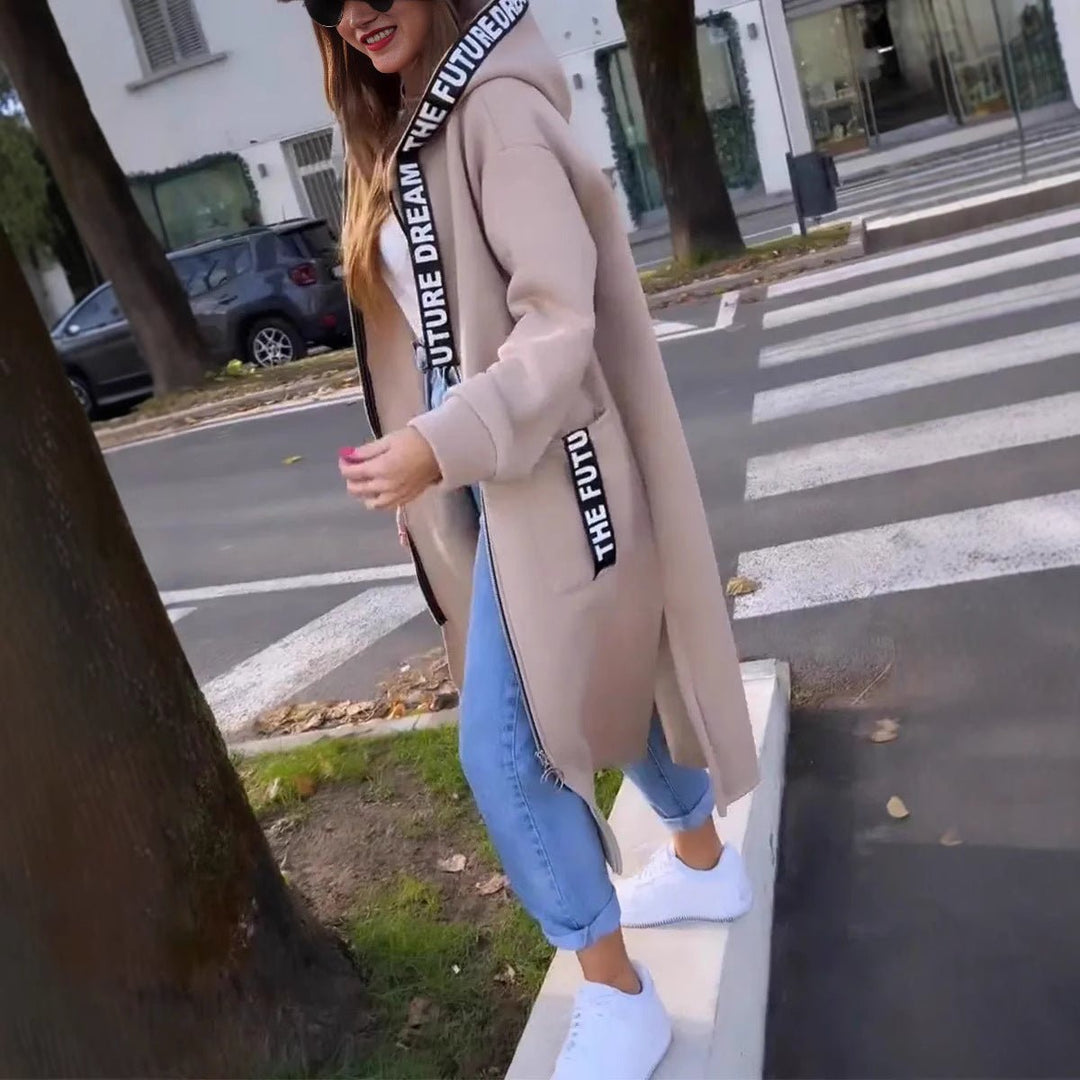 Women Oversized Hooded Long Coat Zip-Up Fleece Outerwear - Beige