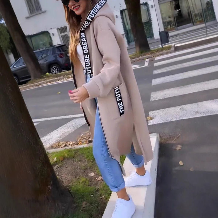 Women Oversized Hooded Long Coat Zip-Up Fleece Outerwear - Beige