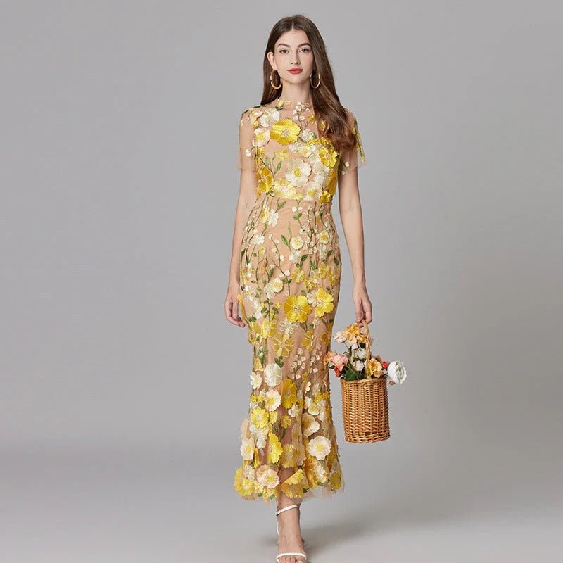 Women's 3D Floral Appliqué Sleeveless Maxi Dress - Yellow