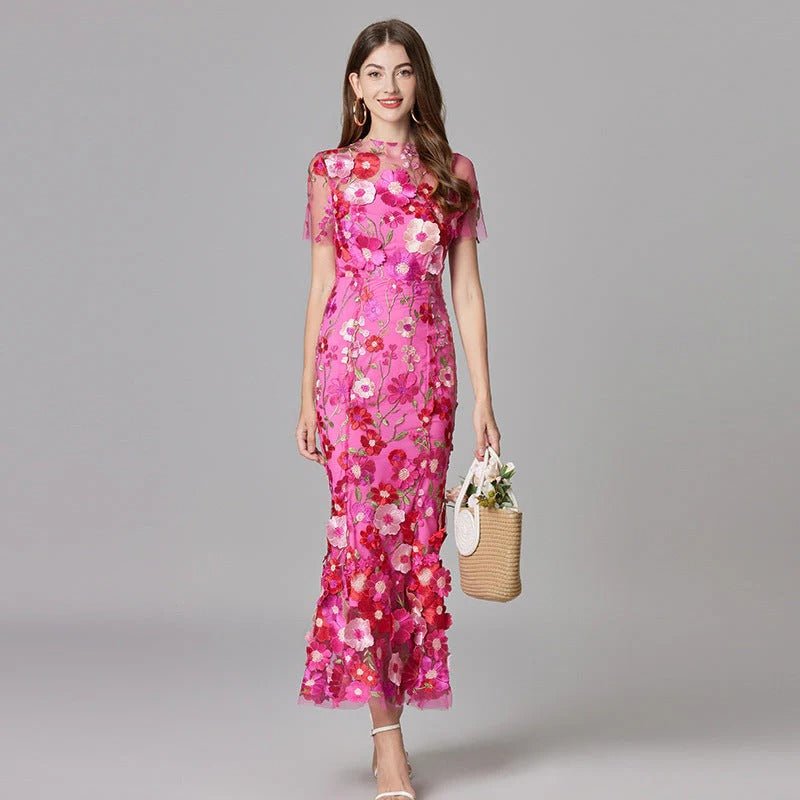 Women's 3D Floral Appliqué Sleeveless Maxi Dress - Pink