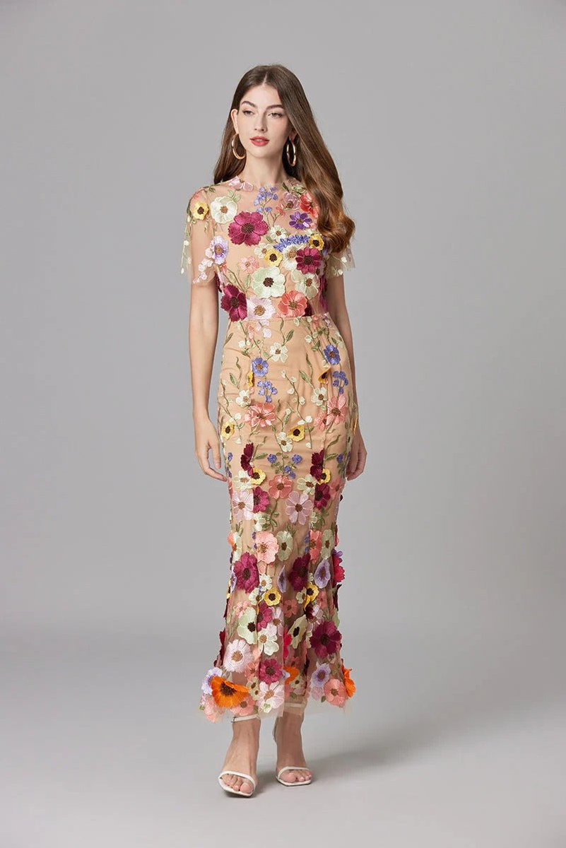 Women's 3D Floral Applique Sheer Mesh Sleeveless Maxi Dress