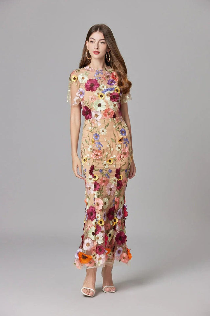 Women's 3D Floral Applique Sheer Mesh Sleeveless Maxi Dress