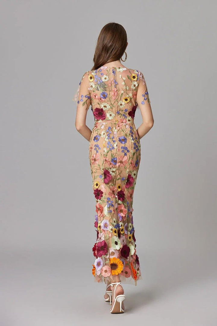 Women's 3D Floral Applique Sheer Mesh Sleeveless Maxi Dress