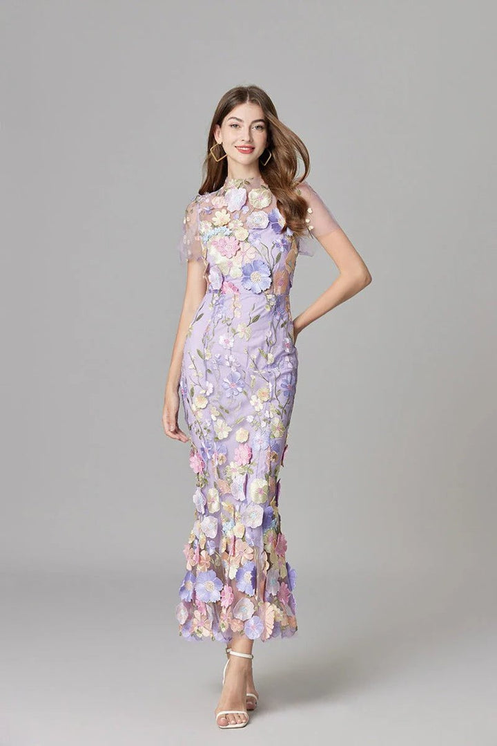 Women's 3D Floral Applique Sheer Mesh Sleeveless Maxi Dress