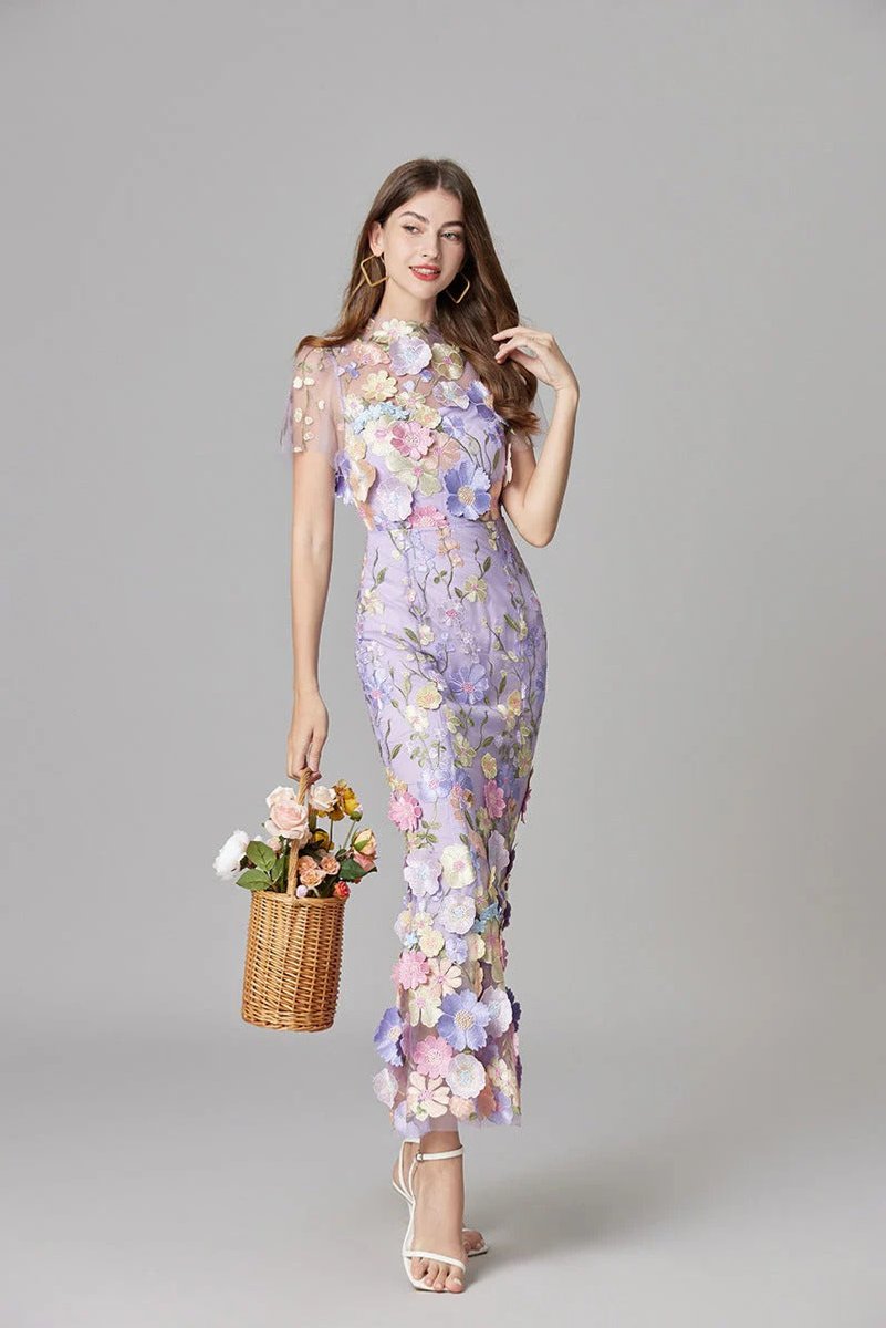 Women's 3D Floral Applique Sheer Mesh Sleeveless Maxi Dress