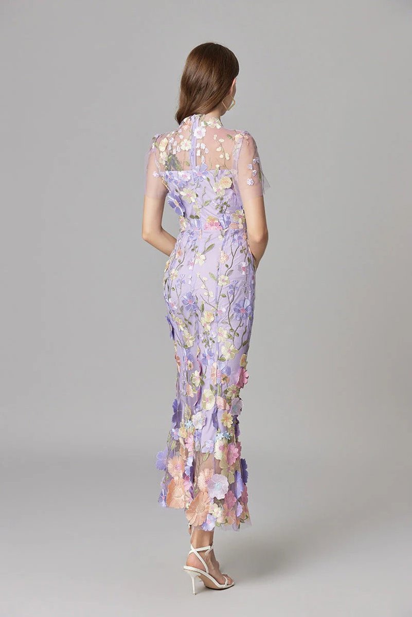 Women's 3D Floral Applique Sheer Mesh Sleeveless Maxi Dress