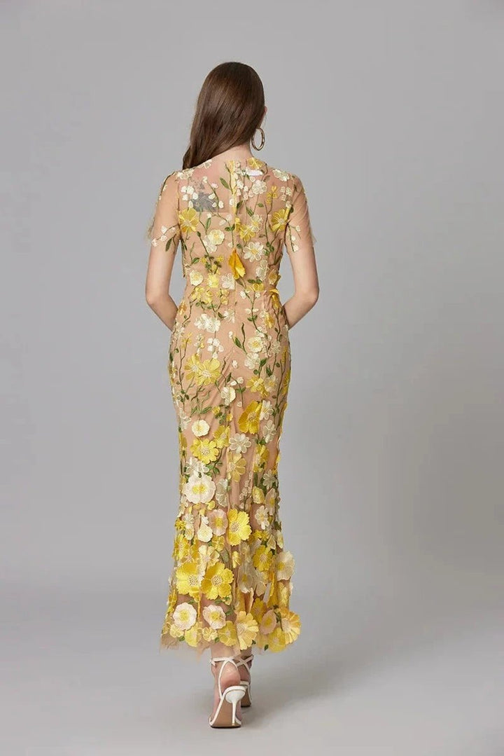 Women's 3D Floral Applique Sheer Mesh Sleeveless Maxi Dress