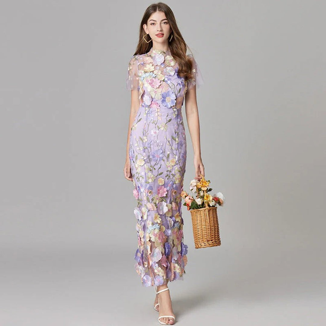 Women's 3D Floral Applique Sheer Mesh Sleeveless Maxi Dress - Purple
