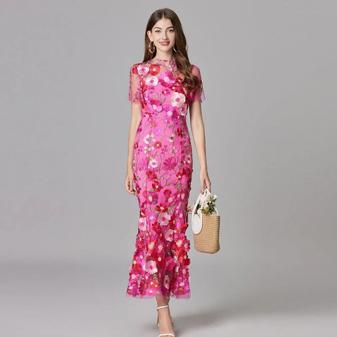 Women's 3D Floral Applique Sheer Mesh Sleeveless Maxi Dress - Dark Pink