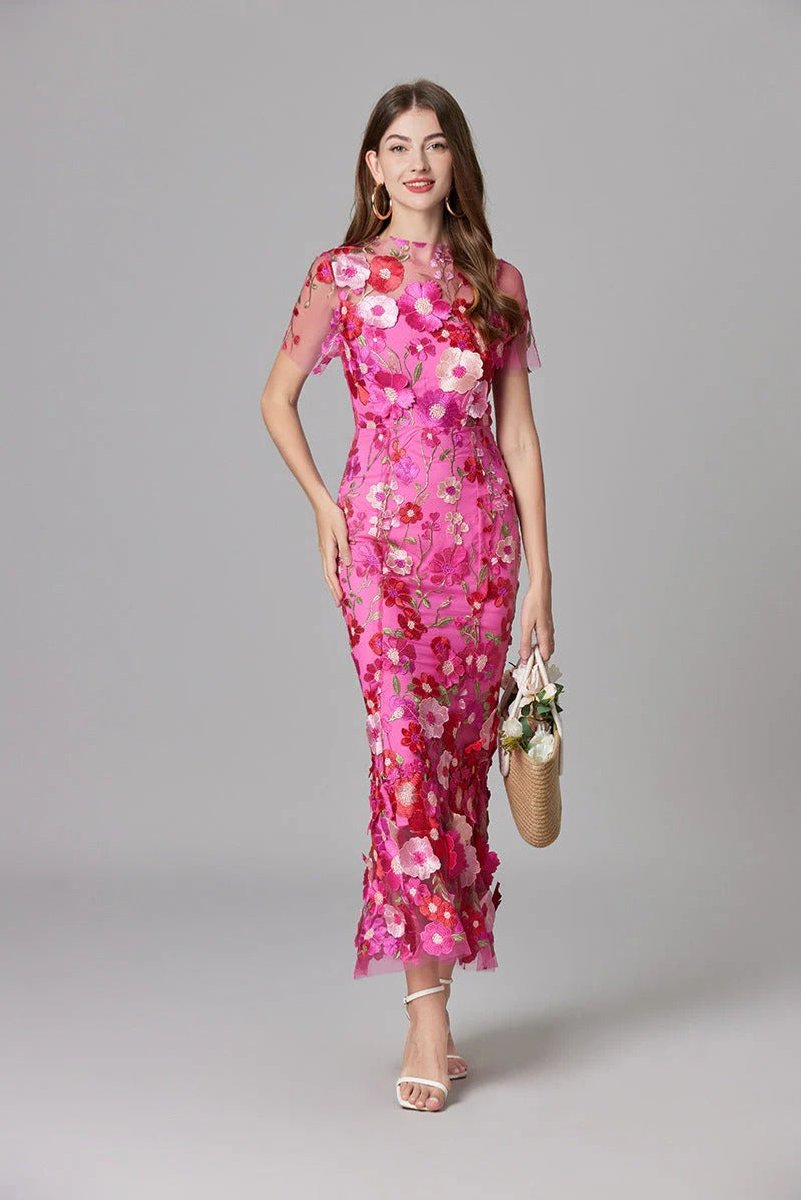 Women's 3D Floral Applique Sheer Mesh Sleeveless Maxi Dress