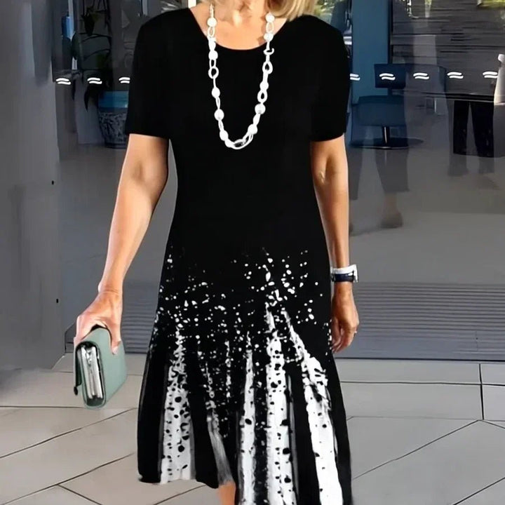 Women's A-Line Midi Dress Short Sleeve Round Neck Splatter Print - Black