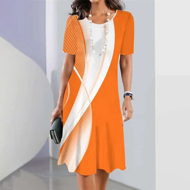 Women's A-Line Midi Dress Short Sleeve Round Neck Splatter Print - Orange