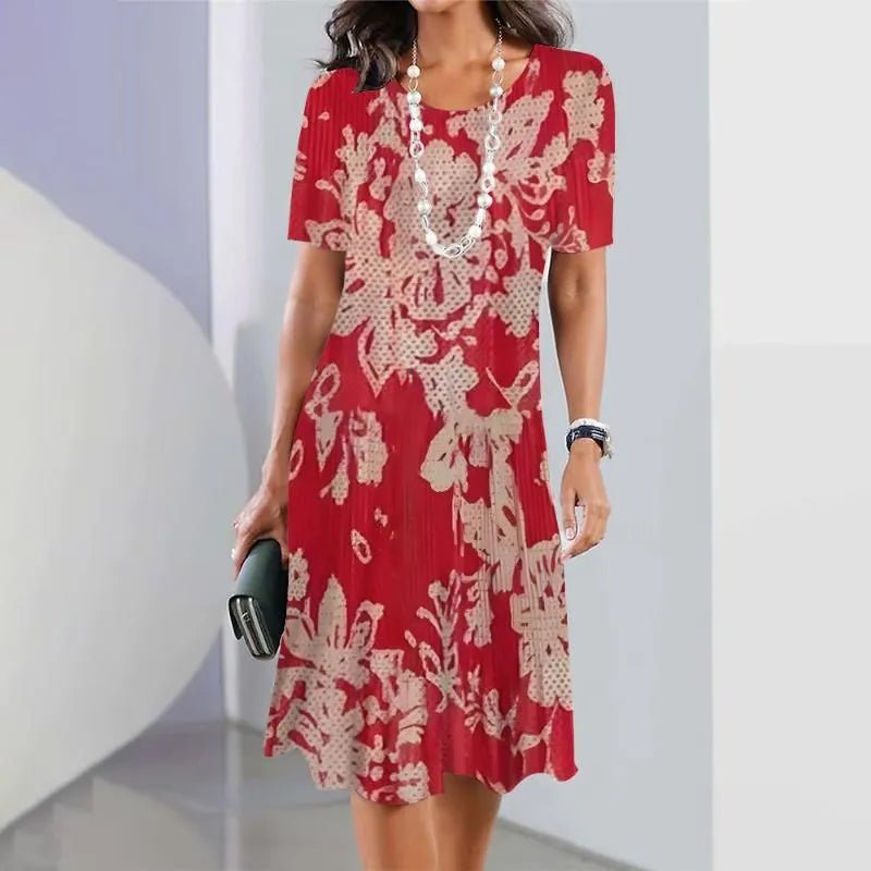 Women's A-Line Midi Dress Short Sleeve Round Neck Splatter Print - Red