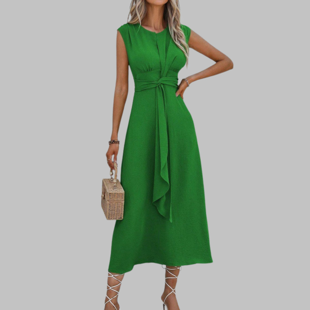 Women's A-Line Midi Dress Sleeveless Tie Waist Green - Green