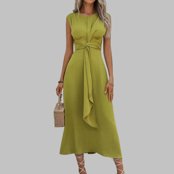 Women's A-Line Midi Dress Sleeveless Tie Waist Green - Yellow