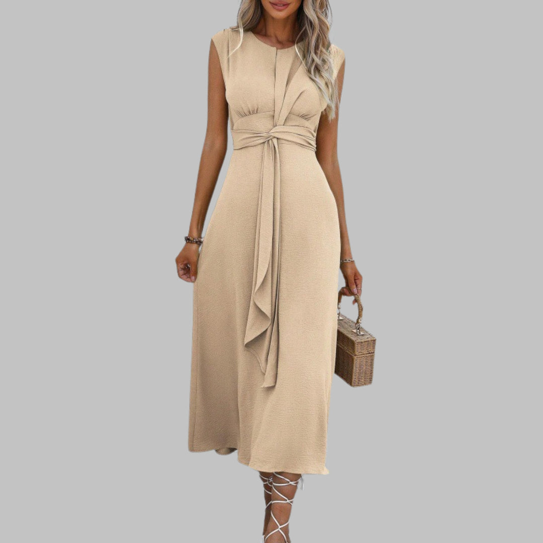 Women's A-Line Midi Dress Sleeveless Tie Waist Green - Apricot