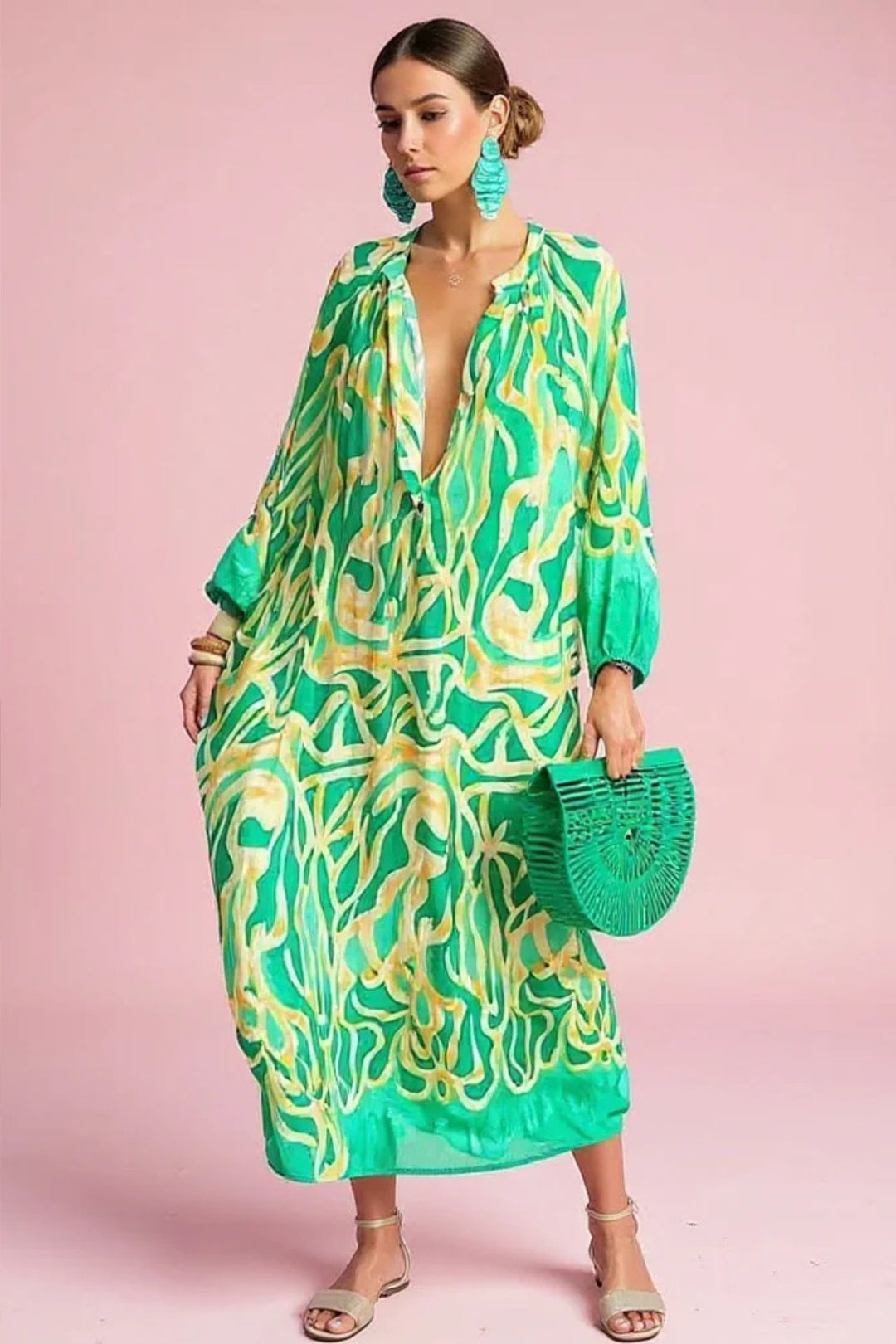 Women's Abstract Print V-Neck Relaxed-Fit Kaftan Maxi Dress - Green