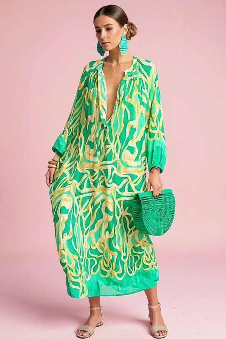 Women's Abstract Print V-Neck Relaxed-Fit Kaftan Maxi Dress - Green