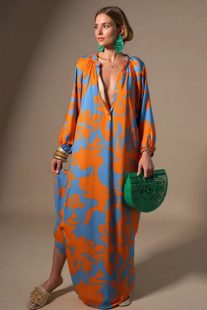 Women's Abstract Print V-Neck Relaxed-Fit Kaftan Maxi Dress - Orange