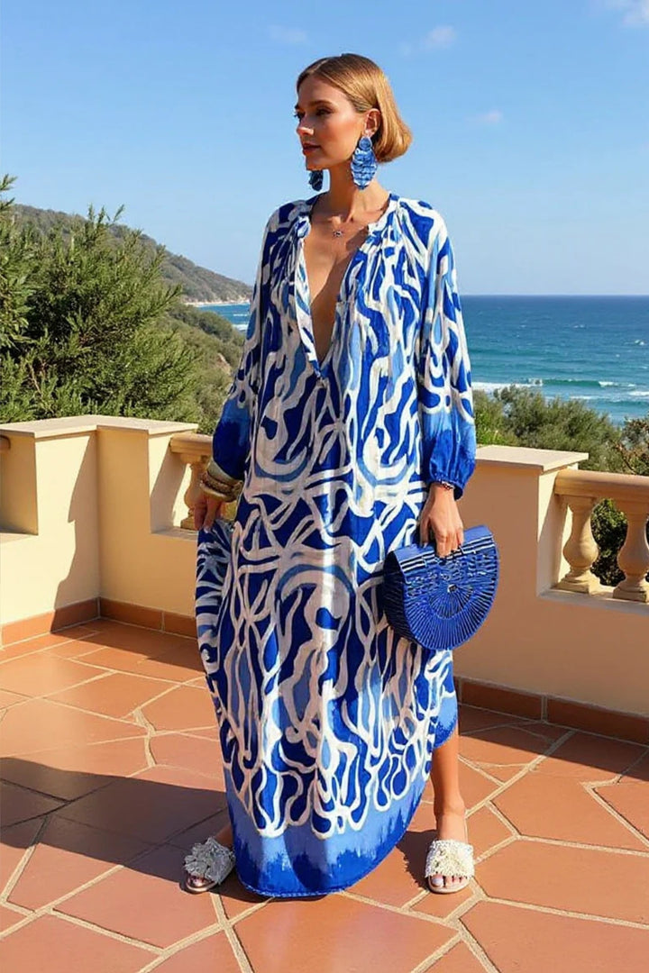 Women's Abstract Print V-Neck Relaxed-Fit Kaftan Maxi Dress - Blue